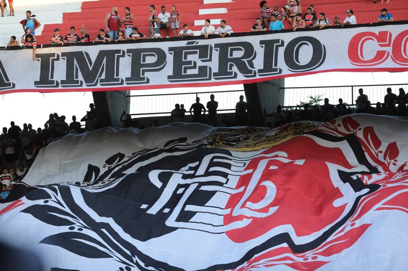 Imagem da bandeira do Santa Cruz na torcida antes de jogo no Arruda