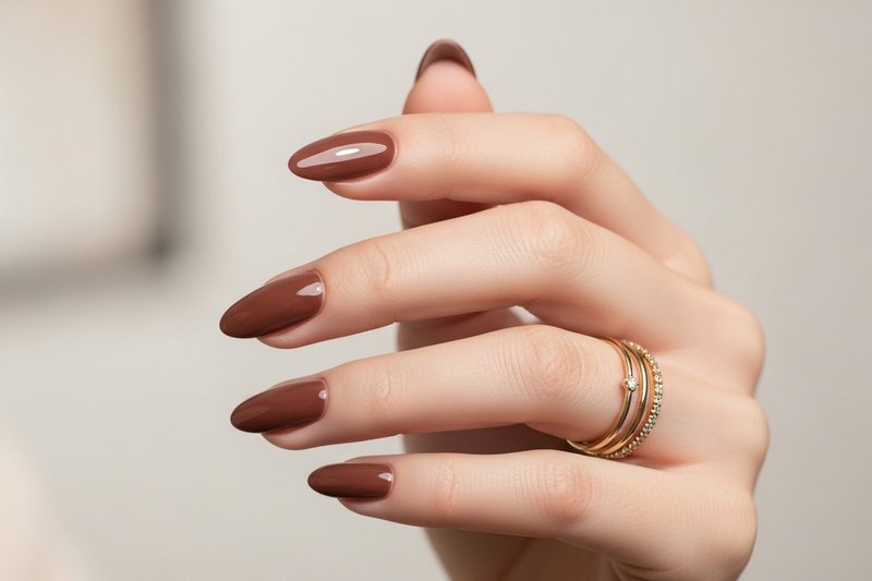 Imagem de mão de uma mulher com unhas pintadas com esmalte marrom elegante. 