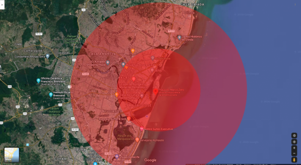 Confira quais seriam as áreas mais atingidas se a explosão que aconteceu no Líbano fosse no Marco Zero do Recife