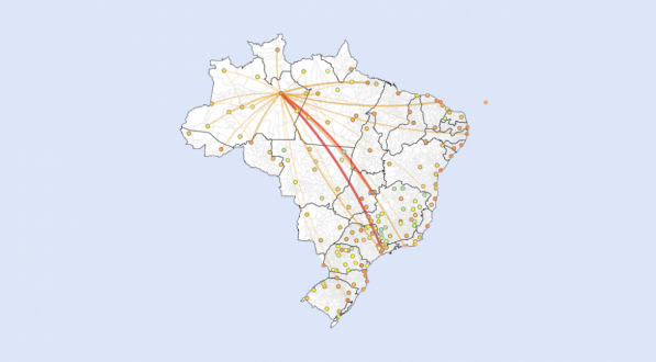 Representa&ccedil;&atilde;o da vulnerabilidade dos aeroportos brasileiros a partir do n&uacute;mero de passageiros saindo dos aeroportos do Amazonas. Maiores valores de vulnerabilidade dos aeroportos e seus links com aeroportos do Amazonas est&atilde;o representados por tonalidades em vermelho. Menores vulnerabilidades est&atilde;o representadas em tonalidades de verde