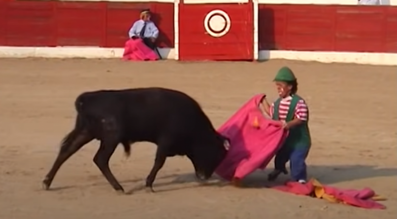 Toureiro an&atilde;o e integrante dos Enanitos Toreros em a&ccedil;&atilde;o durante espet&aacute;culo