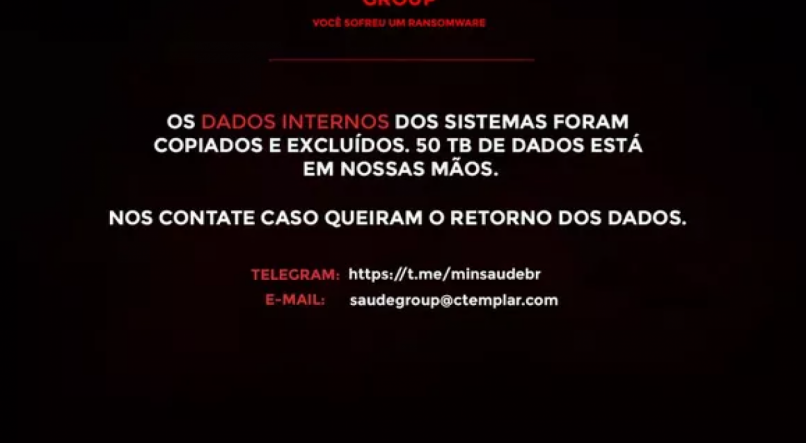 Mensagem deixada pelos hackers nas p&aacute;ginas do Minist&eacute;rio da Sa&uacute;de