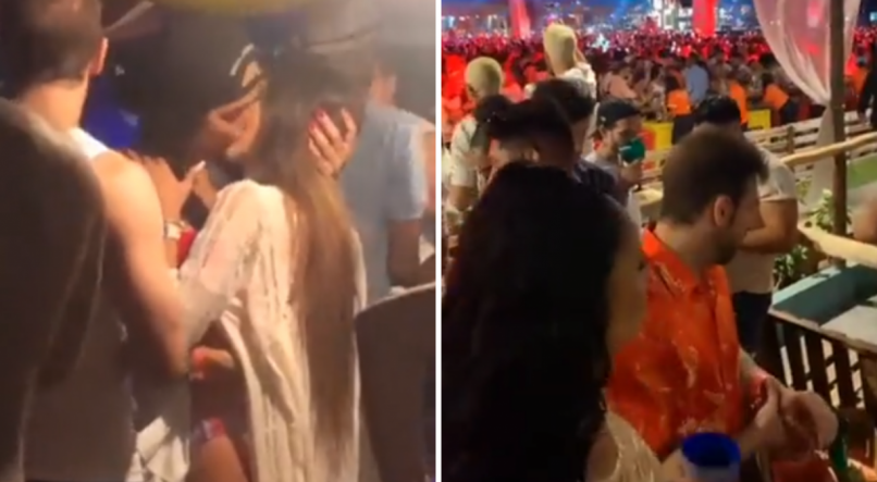 Aline Mineiro foi flagrada beijando outra mulher enquanto Léo Lins observava a cena