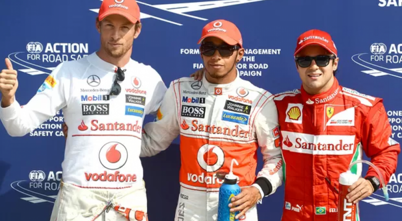 Jenson Button, Lewis Hamilton e Felipe Massa no pódio da Fórmula 1