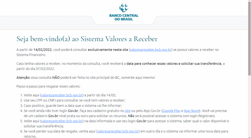 Reprodução/Site Valores a Receber - Banco Central do Brasil (BCB)