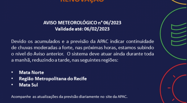 Alerta emitido pela Ag&ecirc;ncia Pernambucana de &Aacute;guas e Clima durante a manh&atilde; desta segunda-feira (06).