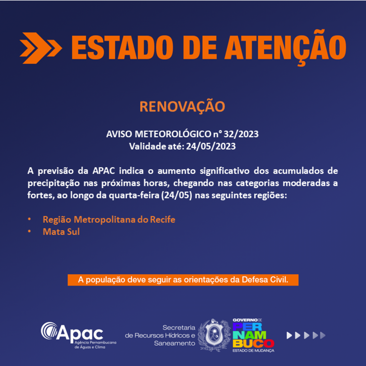 Alerta de chuva hoje Recife (24/05) da Apac. Reprodução/Apac