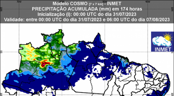  Previs&atilde;o de chuva para 1&ordf; semana (31/07/2023 a 07/08/2023), segundo o Inmet