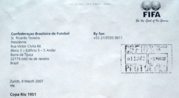 Documento em que a Fifa expressa aceitar o reconhecimento do título Mundial do Palmeiras em 1961