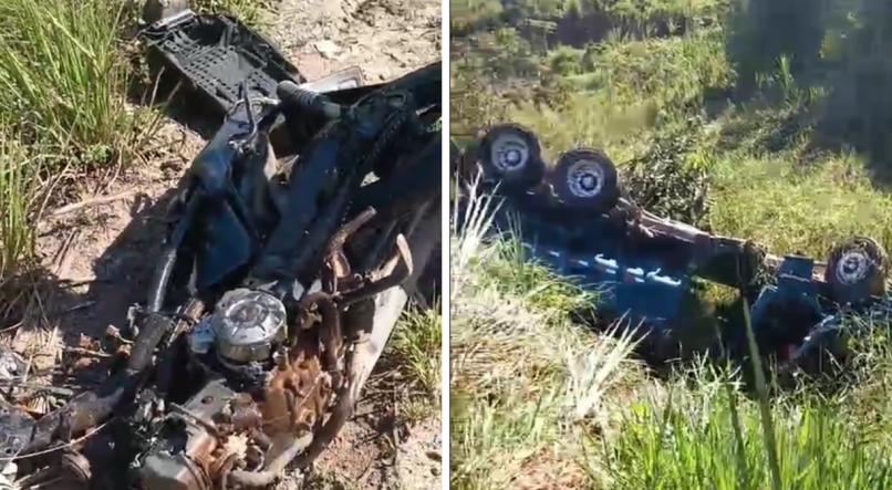 Motocicleta (à esq.) foi completamente destruída após colisão com caminhão (à dir.); veículo tipo caçamba caiu em ribanceira