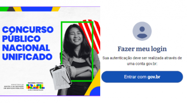 Foto: montagem de Imagem dividida, &agrave; esquerda logomarca do Concurso P&uacute;blico Nacional Unificado (CNPU) e &agrave; direita p&aacute;gina de login do gov.br