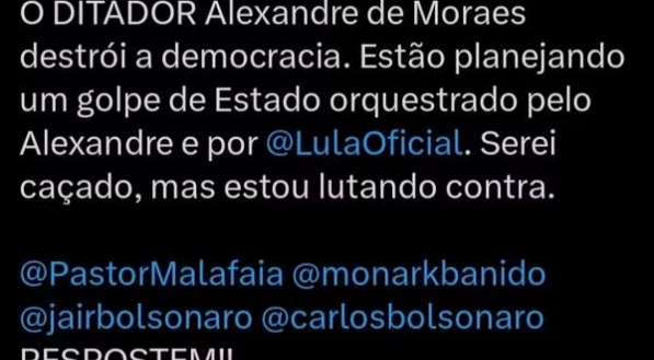 Captura de Tela de postagem de conta invadida da Câmara dos Deputados. Publicação chama Alexandre de Moraes de "ditador" e declara que o ministro do STF e Lula planejam golpe
