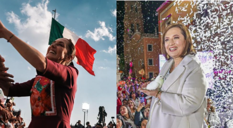 As candidatas Claudia Sheinbaum (à esquerda), líder nas pesquisas com aproximadamente 59% das intenções de voto, e Xóchitl Gálvez (à direita), segunda colocada com cerca de 36%, representam a força feminina em uma eleição histórica no México