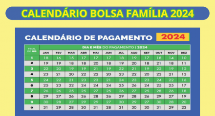 Imagem: Arte com as datas do Calendário Bolsa Família 2024 em cores verde, azul e branco, em um fundo amarelo