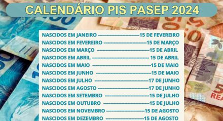 Imagem: Datas do Calendário do PIS 2024 dispostas em cor azul. Ao fundo, há uma foto de dinheiro, com notas de 50 (cinquenta) e 100 (cem) reais