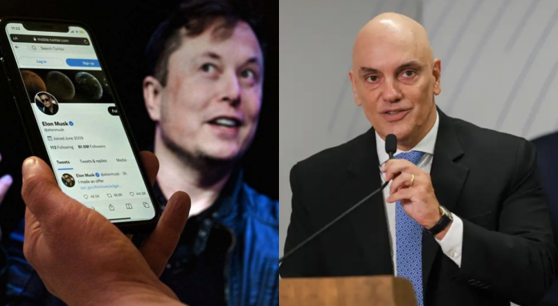 Imagem: à esquerda, um celular em primeiro plano, com o aplicativo do X (Twitter) aberto e Elon Musk ao fundo. à direita, o ministro do STF, Alexandre de Moraes