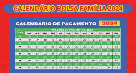 Imagem do Calendário do Bolsa Família 2024 em cores verdes e azuis com fundo vermelho