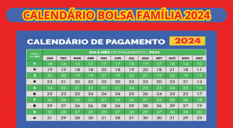 Imagem do Calendário do Bolsa Família 2024 em cores verdes e azuis com fundo vermelho