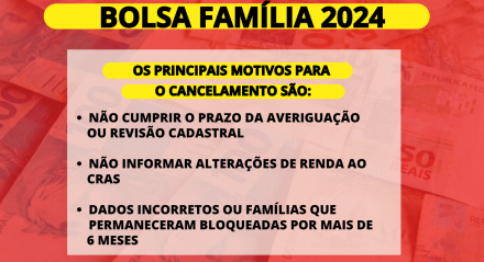 Imagem ilustrativa nas cores vermelha e amarela com os principais motivos do cancelamento do Bolsa Família 2024