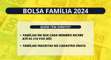 Imagem ilustrativa com critérios para o pagamento do Bolsa Família 2024 nas cores amarela e azul