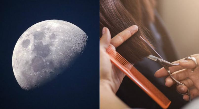 Montagem de uma imagem da Lua (lado esquerdo) e um corte de cabelo feminino (lado direito)