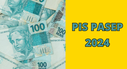 Imagem ilustra tela dividida com notas de R$ 100 e o nome do PIS Pasep 2024