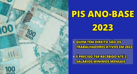 Imagem em azul dividida em dois lados: o primeiro apresenta notas de dinheiro, enquanto o segundo lista os critérios de pagamento do PIS ano-base 2023