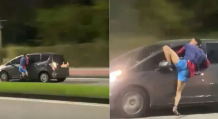 Imagens mostram homem pendurado em janela de carro em alta velocidade no RJ
