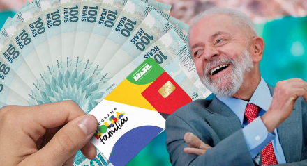 Imagem do cartão do Bolsa Família e do presidente Lula, com cédulas de dinheiro por trás