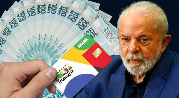 Imagem do cartão do Bolsa Família, com a foto do presidente Lula e cédulas de dinheiro atrás