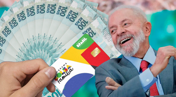 Imagem do cartão do Bolsa Família e do presidente Lula, com cédulas de dinheiro por trás