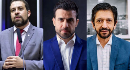 Os candidatos à Prefeitura de São Paulo Guilherme Boulos (PSOL), Pablo Marçal (PRTB), Ricardo Nunes (MDB), tecnicamente empatados em pesquisa Datafolha divulgada nesta quinta-feira, 22