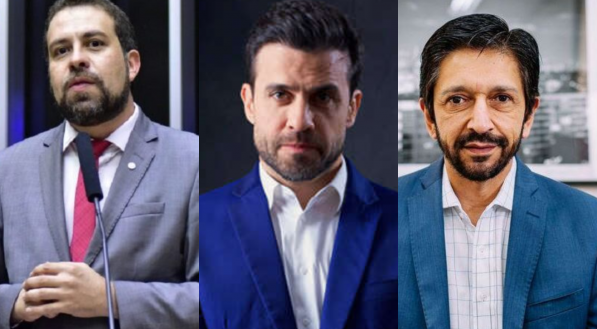 Os candidatos à Prefeitura de São Paulo Guilherme Boulos (PSOL), Pablo Marçal (PRTB), Ricardo Nunes (MDB), tecnicamente empatados em pesquisa Datafolha divulgada nesta quinta-feira, 22