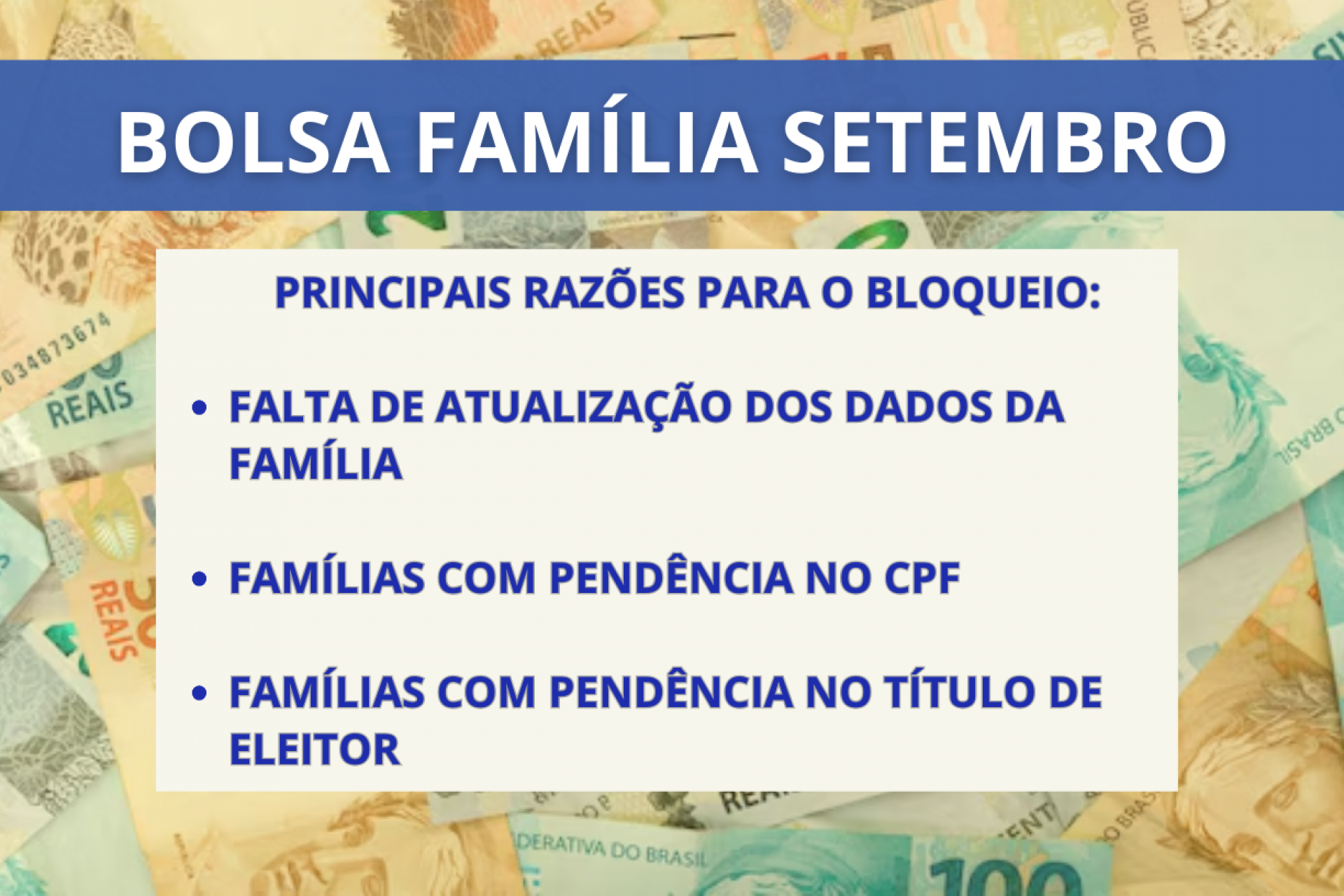 Imagem ilustra os principais motivos referentes ao bloqueio do Bolsa Família 2024