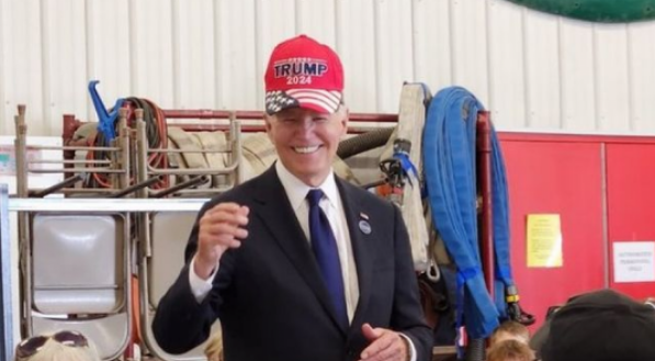 Imagem do presidente norte americano Joe Biden, usando um boné da campanha de Donald Trump para as eleições de 2024