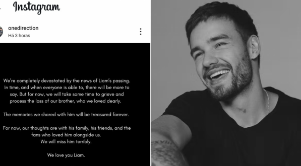 Imagem: captura de tela de publicação do grupo One Direction ao lado de foto do cantor Liam Payne, que faleceu na última quarta-feira (16).