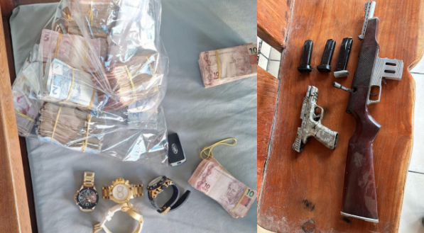 Imagens dos dinheiros, joias e armas que foram apreendidos na operação