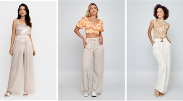 Calça Feminina Pantalona City Metalizada; Calça Feminina Romântica; Pantalona Ribana Bege Médio; Calça feminina casual lisa off White