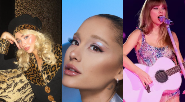 Imagem das cantoras Sabrina Carpenter, Ariana Grande e Taylor Swift (da esquerda para direita)