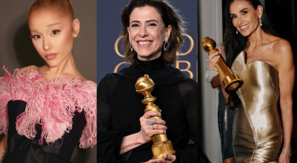 Imagem de uma montagem com as três atrizes que estão concorrendo em categorias no Oscar 2025. (Ariana Grande, Fernanda Torres e Demi Moore)