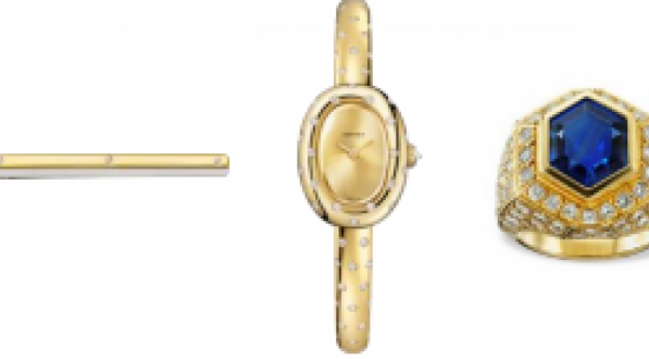 Santos de Cartier tie clip, 18k yellow gold, steel; Cartier Baignoire watch, mini model, 18k yellow gold, diamonds; Cartier Collection ring, 1984, yellow gold, sapphire, diamonds