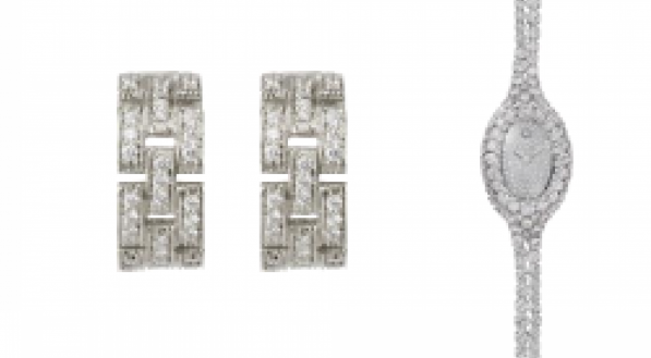 Cartier Maillon Panthère earrings, 18k white gold, diamonds; Cartier Baignoire watch, mini model, 18k white gold, diamonds