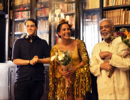 Leonardo Martinelli, Camila Pitanga e Gilberto Gil durante a gravação de ‘Samba Infinito’