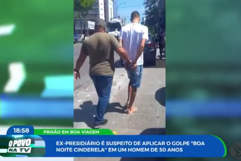 Imagem de homem suspeito de aplicar golpe "Boa Noite, cinderela" sendo preso