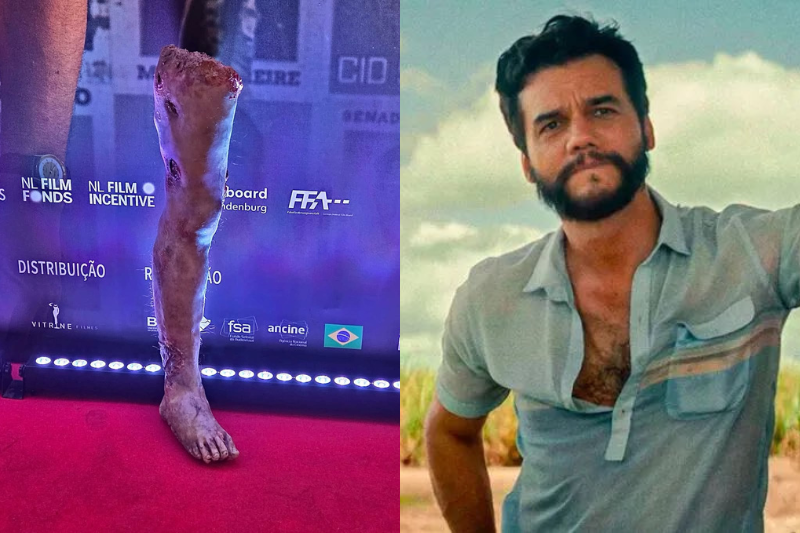 Protótipo de silicone da perna cabeluda em uma pré-estreia de 'O Agente Secreto, filme de Kleber Mendonça Filho