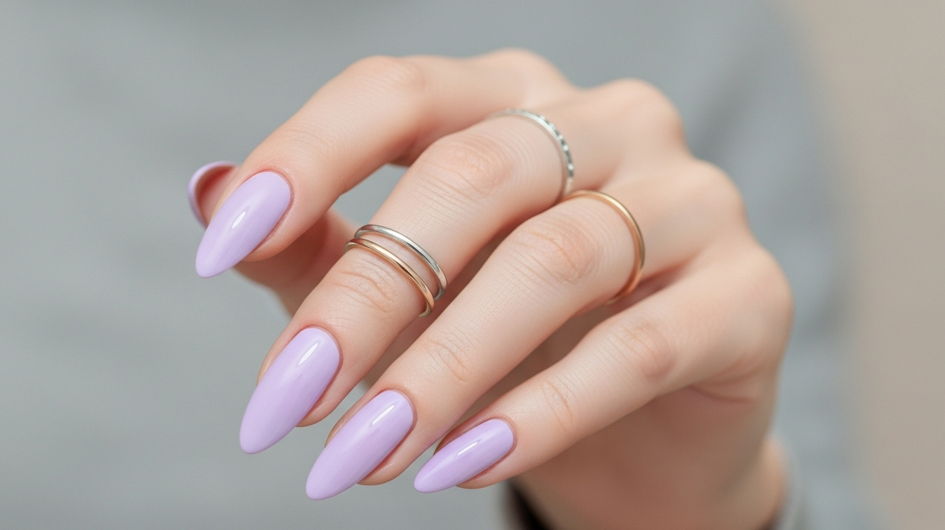 Imagem de unhas pintadas com lilás suave para dias quentes. 