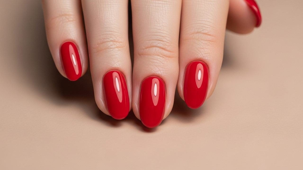 Imagem de uma mão feminina com unhas pintadas de vermelho rubi