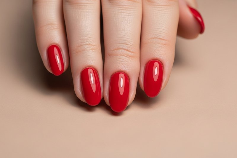Imagem de uma mão feminina com unhas pintadas de vermelho rubi