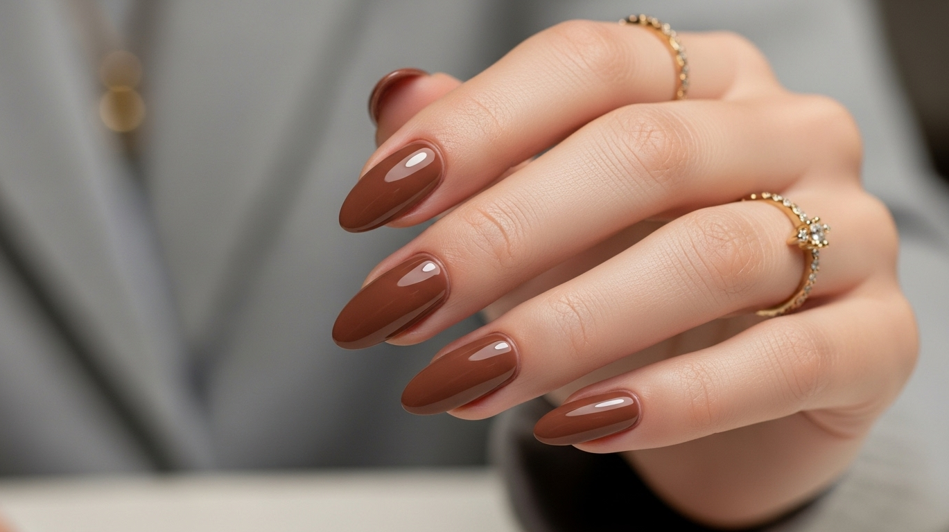 Imagem de unhas pintadas com esmalte nude caramelo. 