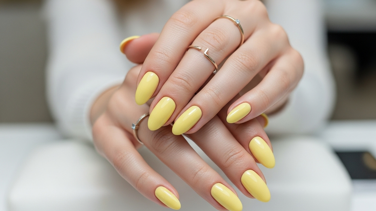 Imagem de uma mulher mostrando as unhas pintadas de amarelo manteiga.